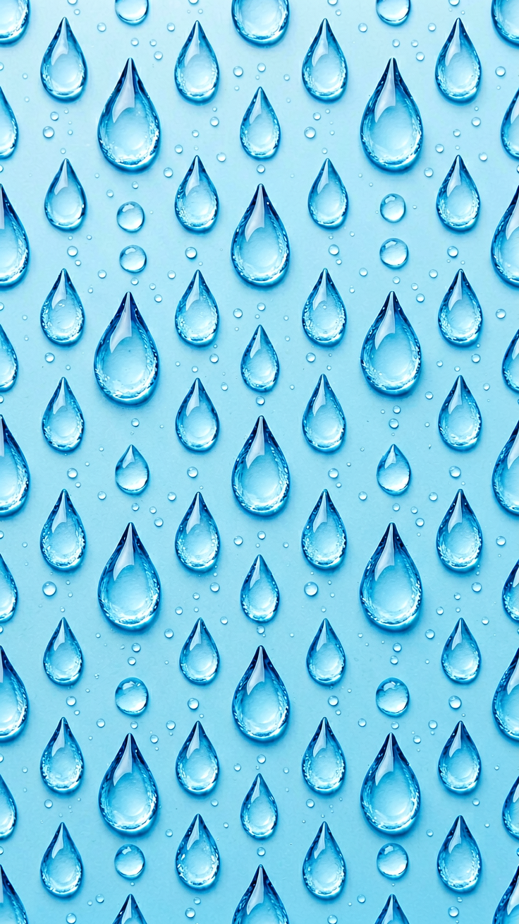 A serene pattern of glistening water droplets and delicate teardrop shapes rendered in fresh, cool blues. Creates a soothing, tranquil mood perfect for wellness and relaxation designs.