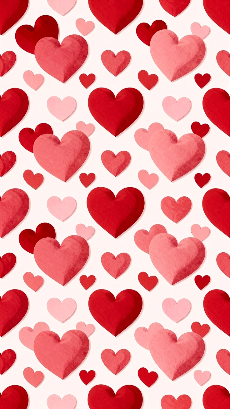 A romantic pattern of scattered hearts in all sizes, rendered in soft reds and pinks for a dreamy, affectionate mood.