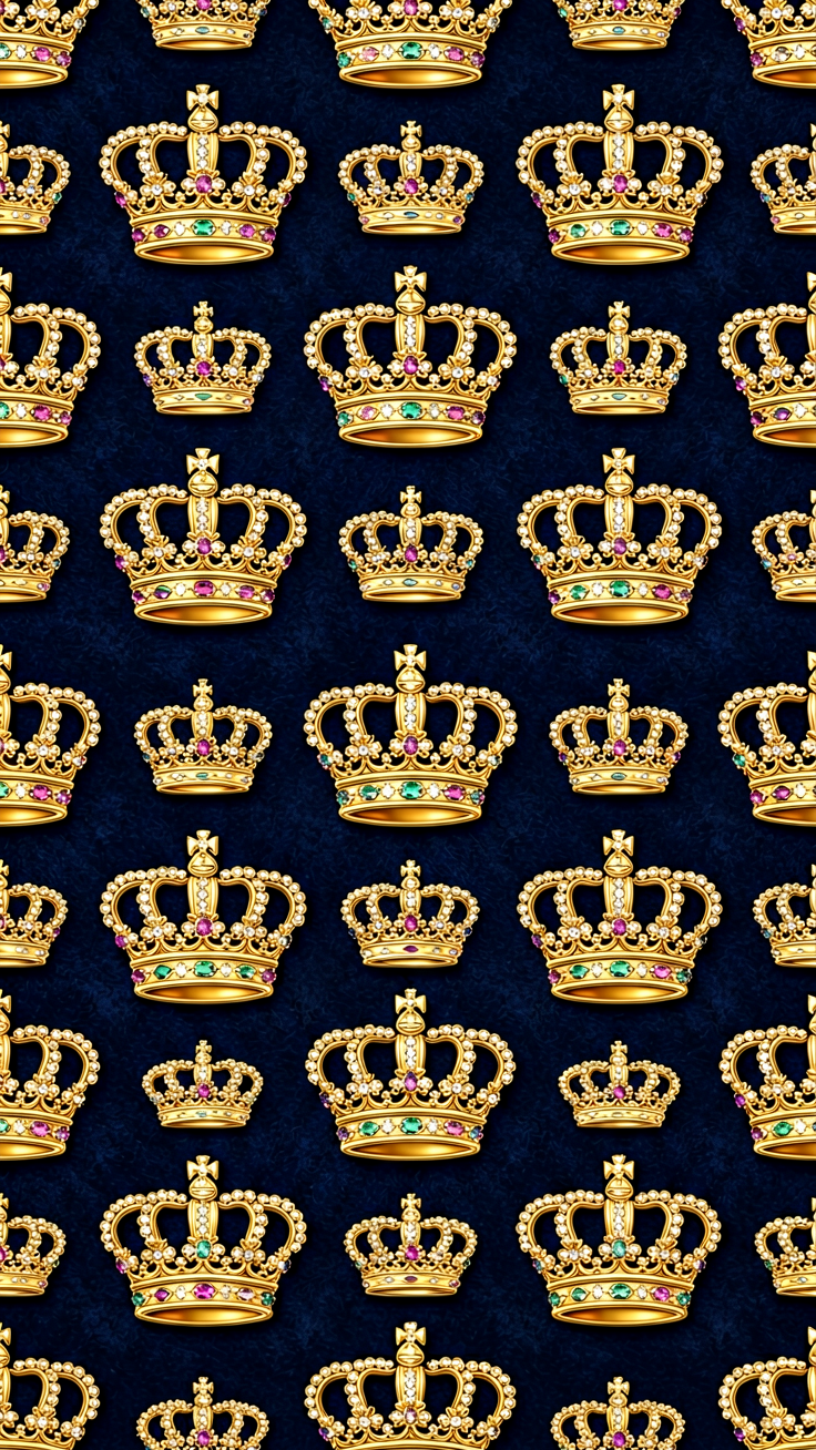 An opulent repeating pattern featuring intricate crown silhouettes in rich gold and deep jewel tones, evoking regal luxury and timeless elegance.