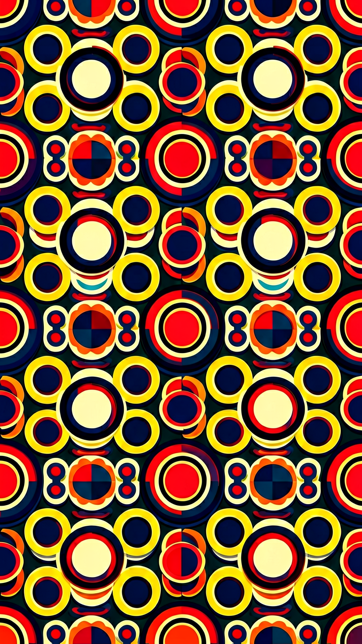 A precise pattern of perfect circles and rings in bold contrasting colors creates a striking geometric composition with a modern, minimalist energy.