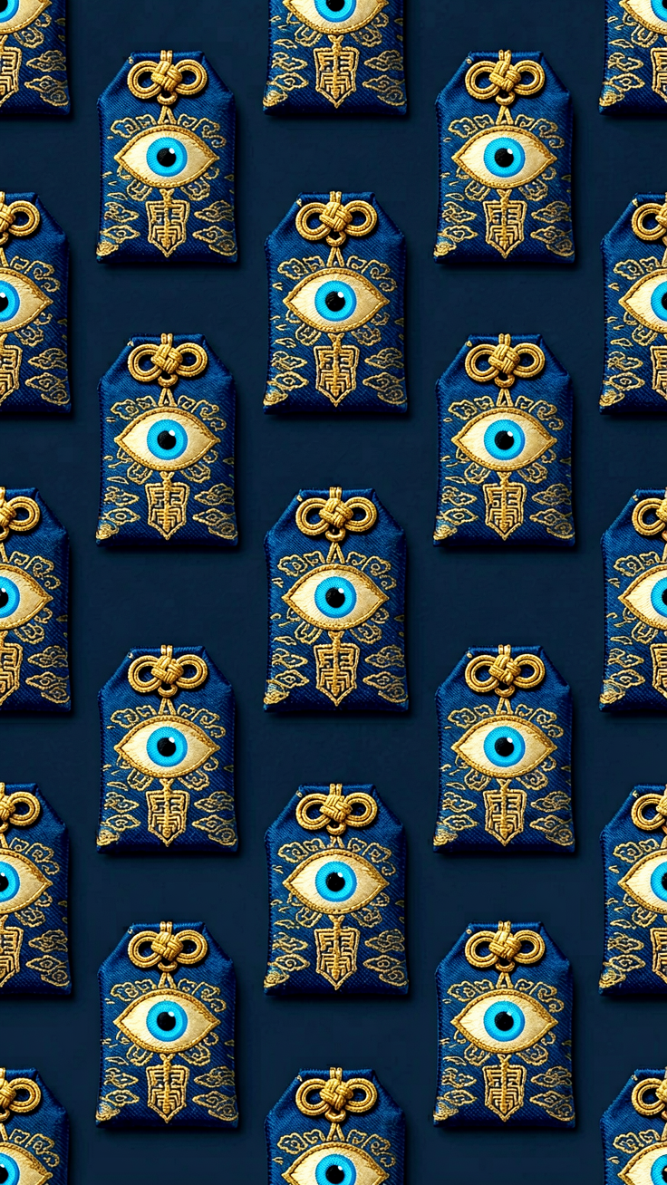 A mesmerizing pattern of evil eye amulets rendered in deep blues and shimmering gold. This protective talisman design radiates ancient mysticism and spiritual guardianship.