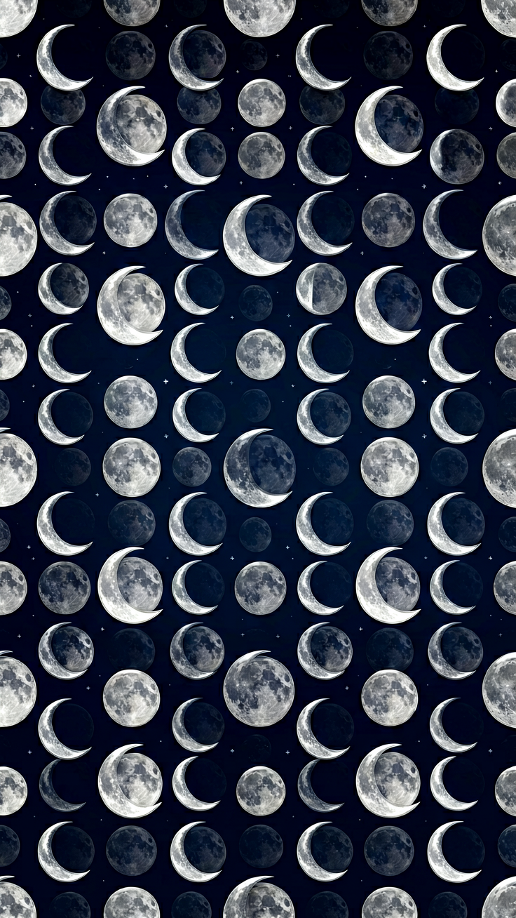 A celestial pattern featuring moon phases and crescent moons rendered in shimmering silver against deep midnight blue tones. Evokes a serene, mystical mood perfect for dreamy backgrounds.