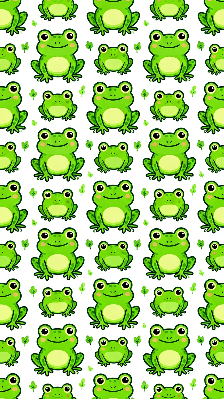 A playful green frog motif pattern featuring cute doodle-style frogs in whimsical poses, perfect for livening up any surface.