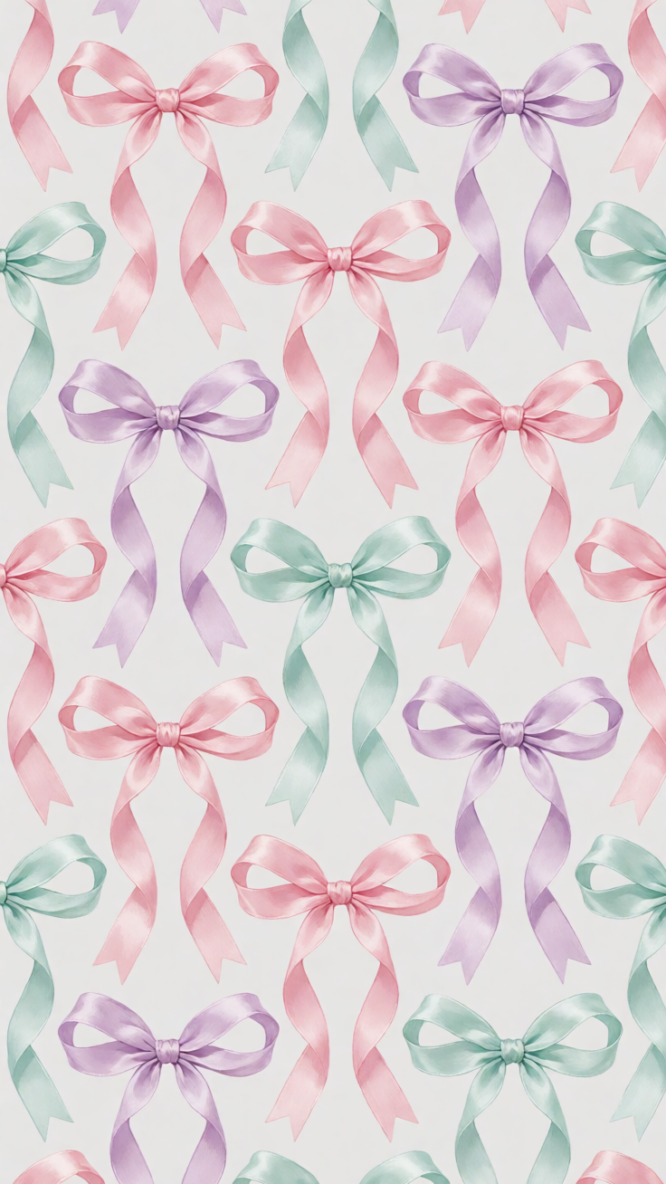 A whimsical repeating pattern of delicate ribbon bows and bowknots in soft pastel hues. The design exudes a sweet, girly charm perfect for fashion, stationery, and decorative projects.