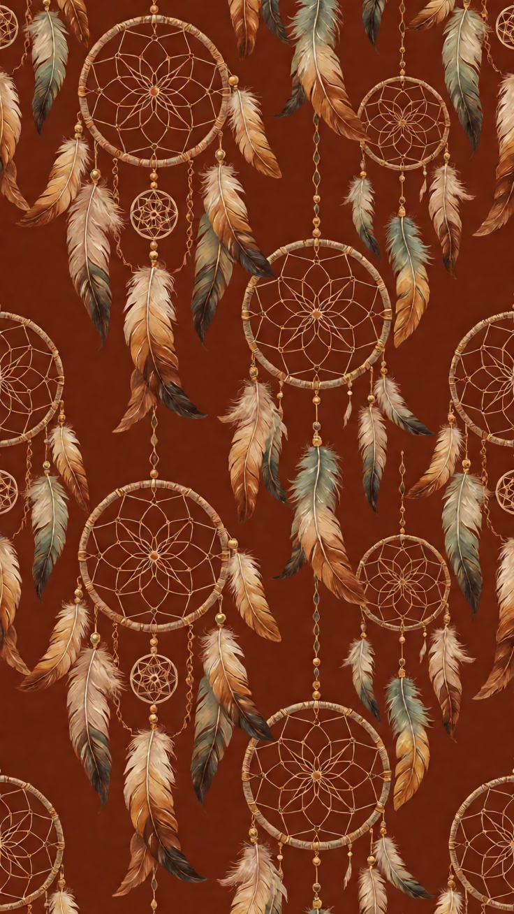 A bohemian dreamcatcher pattern adorned with delicate feathers and intricate webwork, rendered in earthy tones of sand, terracotta, and sage. Evokes a serene, spiritual mood with a handcrafted vintage feel.