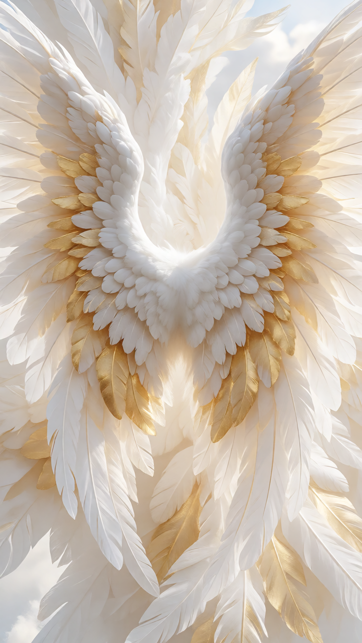 A dreamy pattern of angel wings rendered in soft white and shimmering gold, evoking a serene and heavenly atmosphere.