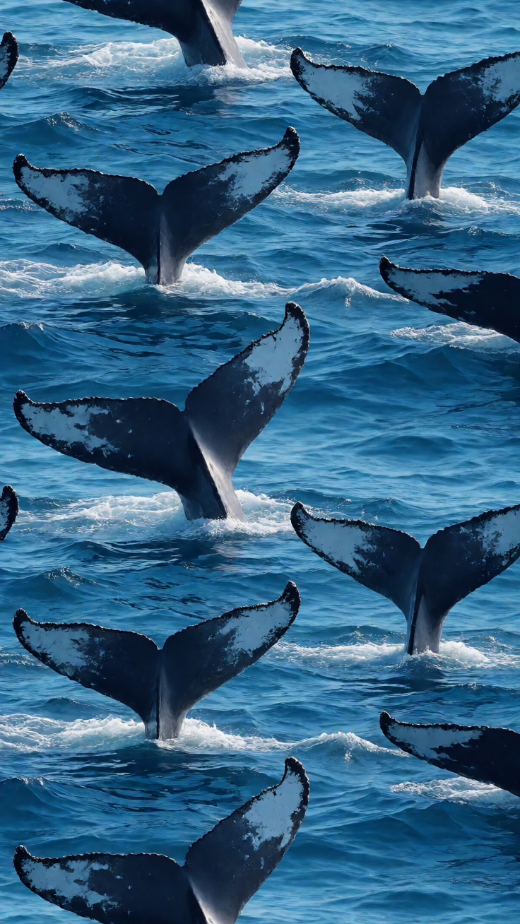 A seamless pattern of whale tails rising from deep ocean waves, capturing a serene and tranquil maritime mood.