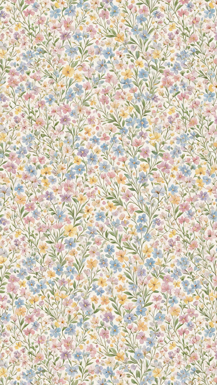 Tiny delicate wildflowers bloom across a soft pastel backdrop in this airy, romantic pattern. Gentle hues and intricate floral details create a dreamy, ethereal aesthetic.