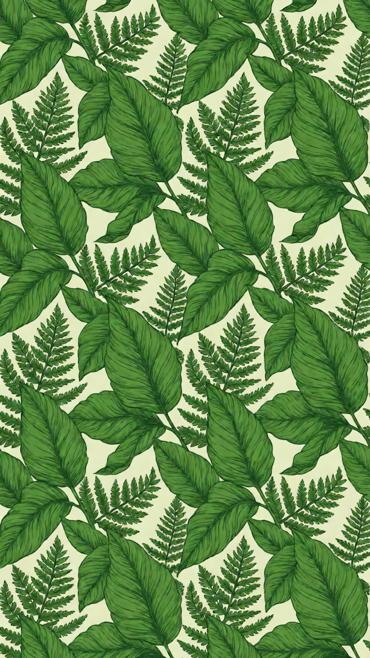A fresh botanical pattern featuring stylized leaves and delicate ferns rendered in crisp line art. Evokes a serene garden atmosphere with lush green tones.