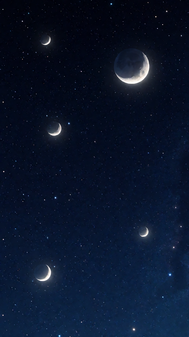 Stars and crescent moons scattered across a deep night sky with a soft celestial glow, creating a magical and dreamy pattern. Perfect for fabric, wallpaper, and textile designs.