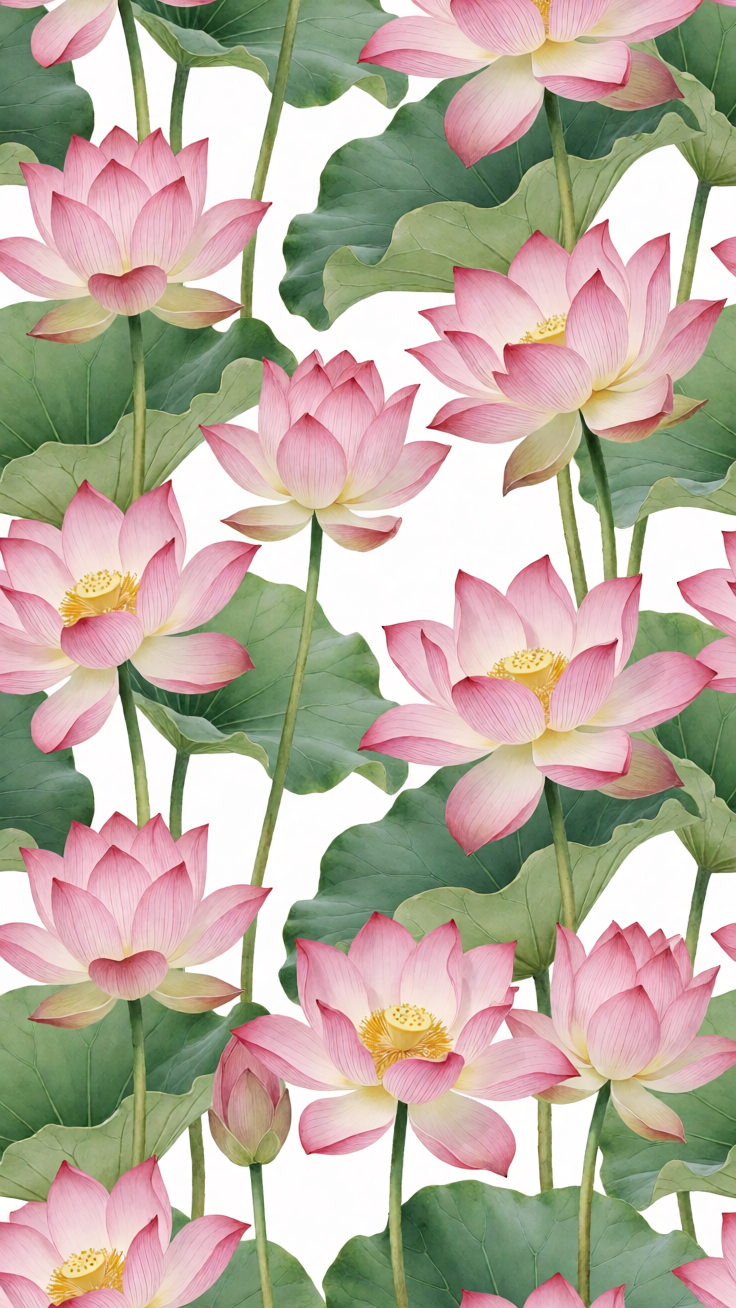A delicate repeating pattern of soft pink lotus flowers nestled among gentle green leaves, evoking serene oriental elegance and tranquil beauty.