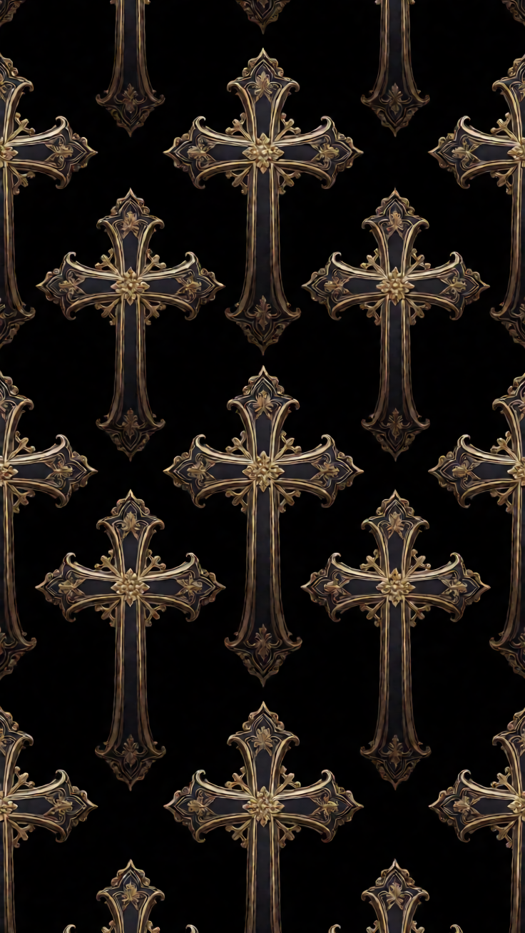 An ornate repeating pattern of gothic crosses rendered in deep charcoal and antique gold, evoking cathedral stained-glass mystique and dark medieval elegance.