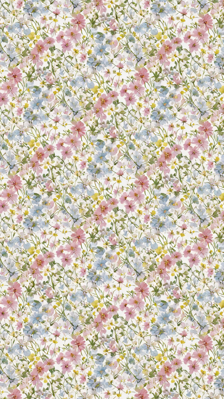 A whimsical pattern of tiny delicate wildflowers in soft pastel hues, creating an airy and romantic aesthetic perfect for fabric and decor.