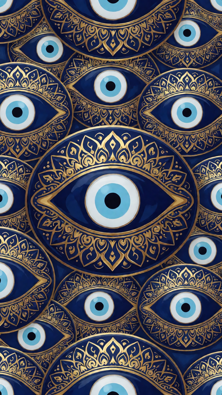 A captivating repeating pattern of ornate evil eye amulets rendered in deep blues and shimmering gold. This protective talisman design radiates mystical energy and ancient wisdom.