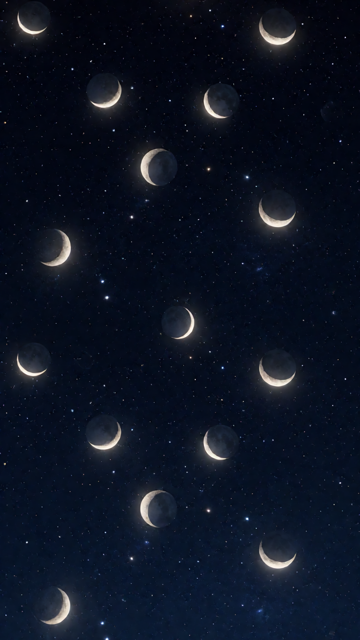 A mesmerizing pattern featuring scattered stars and glowing crescent moons across a deep midnight blue sky, evoking a serene and magical cosmic mood.