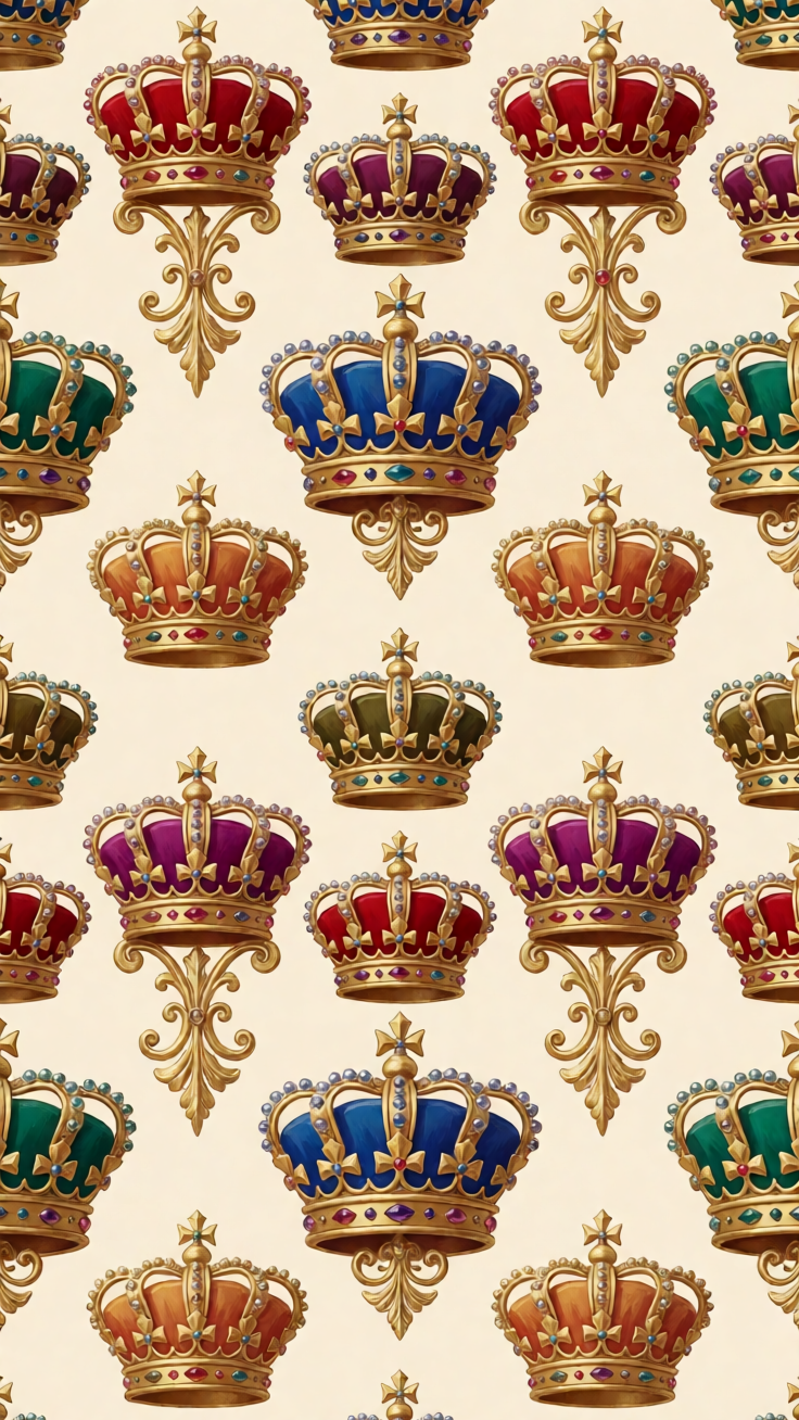 A regal repeating pattern featuring ornate gold crowns set against deep jewel-toned backgrounds, radiating timeless royal luxury and grandeur.