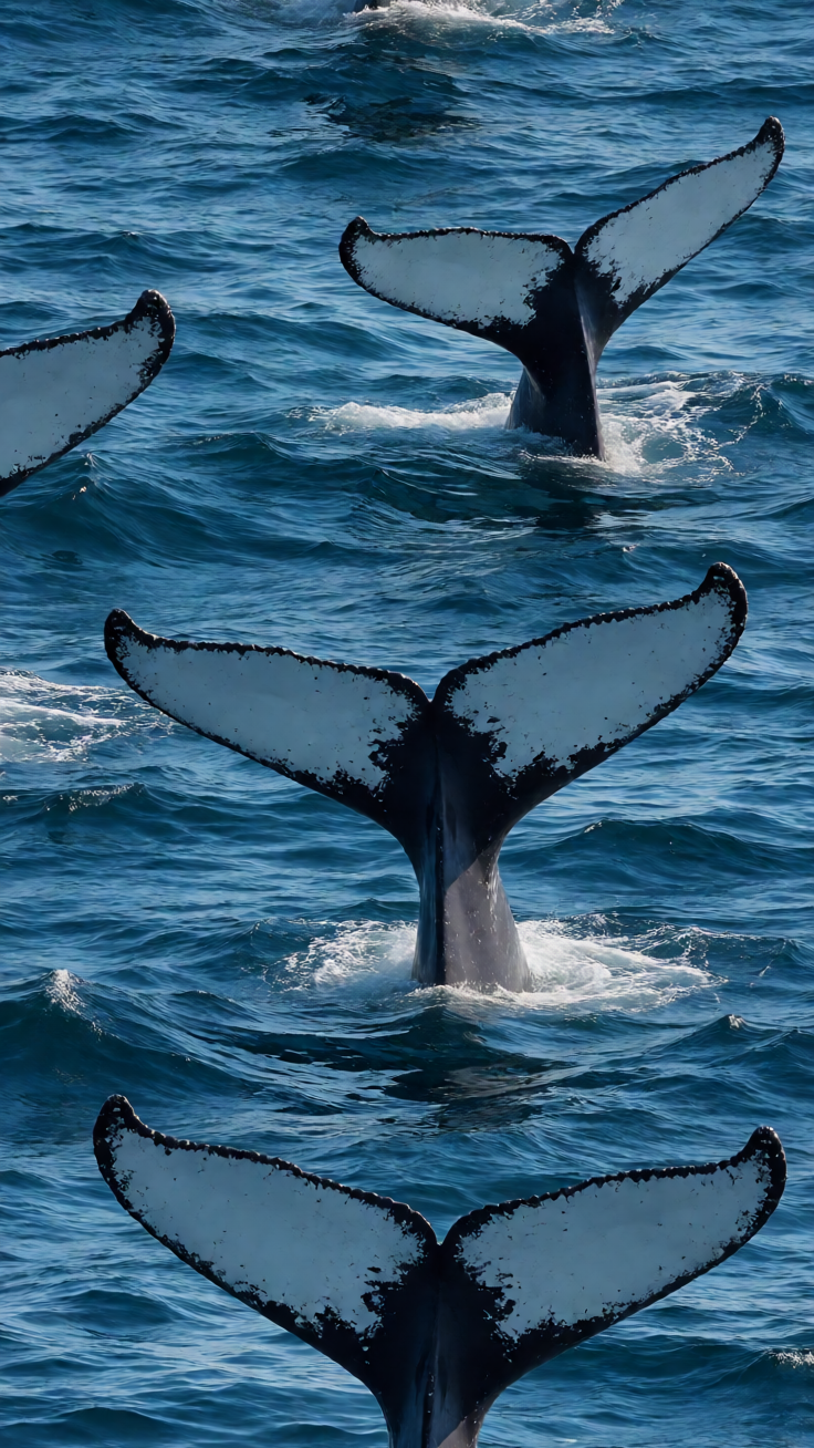 A serene pattern of whale tails emerging from deep ocean waves, rendered in rich blues. The tranquil design captures the graceful beauty of marine life.