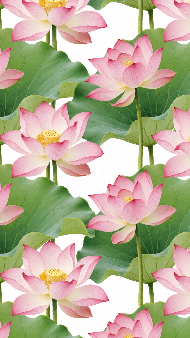 A delicate repeating pattern of soft pink lotus flowers nestled among gentle green leaves, evoking serene oriental elegance and tranquil beauty.