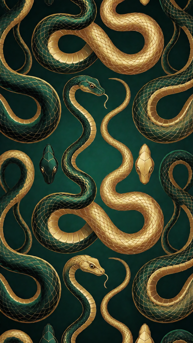 An elegant pattern of bold serpent curves intertwined with shimmering emerald and gold accents, evoking a mystical and powerful atmosphere.
