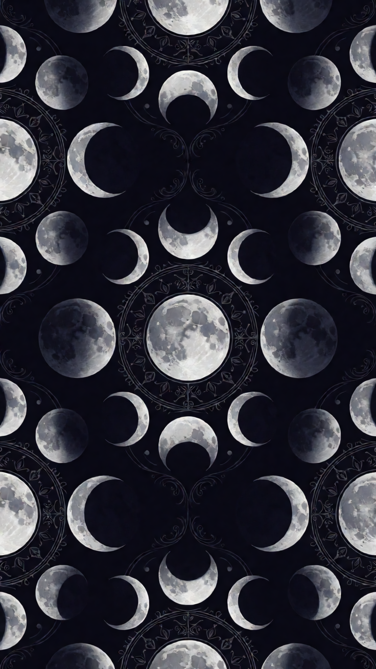 A repeating pattern of crescent moons and lunar phases rendered in silver and midnight tones, evoking a serene nocturnal elegance.