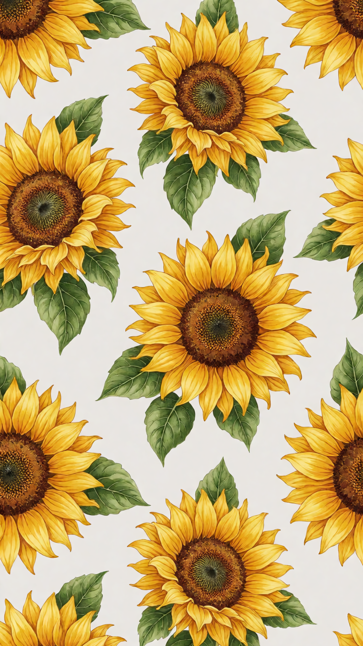 A charming repeating pattern of sunflower motifs set against warm yellows and greens, evoking rustic countryside beauty. The design captures the cheerful essence of sun-drenched fields with hand-painted textures and organic flourishes.