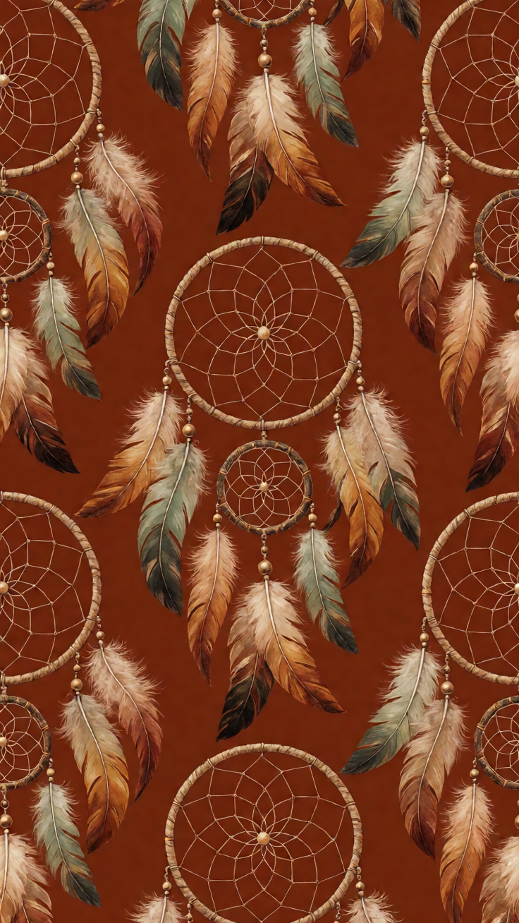 A dreamcatcher-inspired pattern featuring delicate feathers and dreamy web motifs in warm earthy tones, evoking a free-spirited bohemian mood.