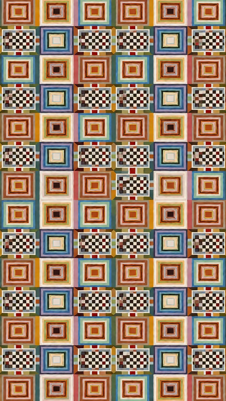 Concentric squares layered in repeating checkerboard rhythms create a clean, meditative geometric pattern. The minimal design evokes order, calm, and infinite recursion.