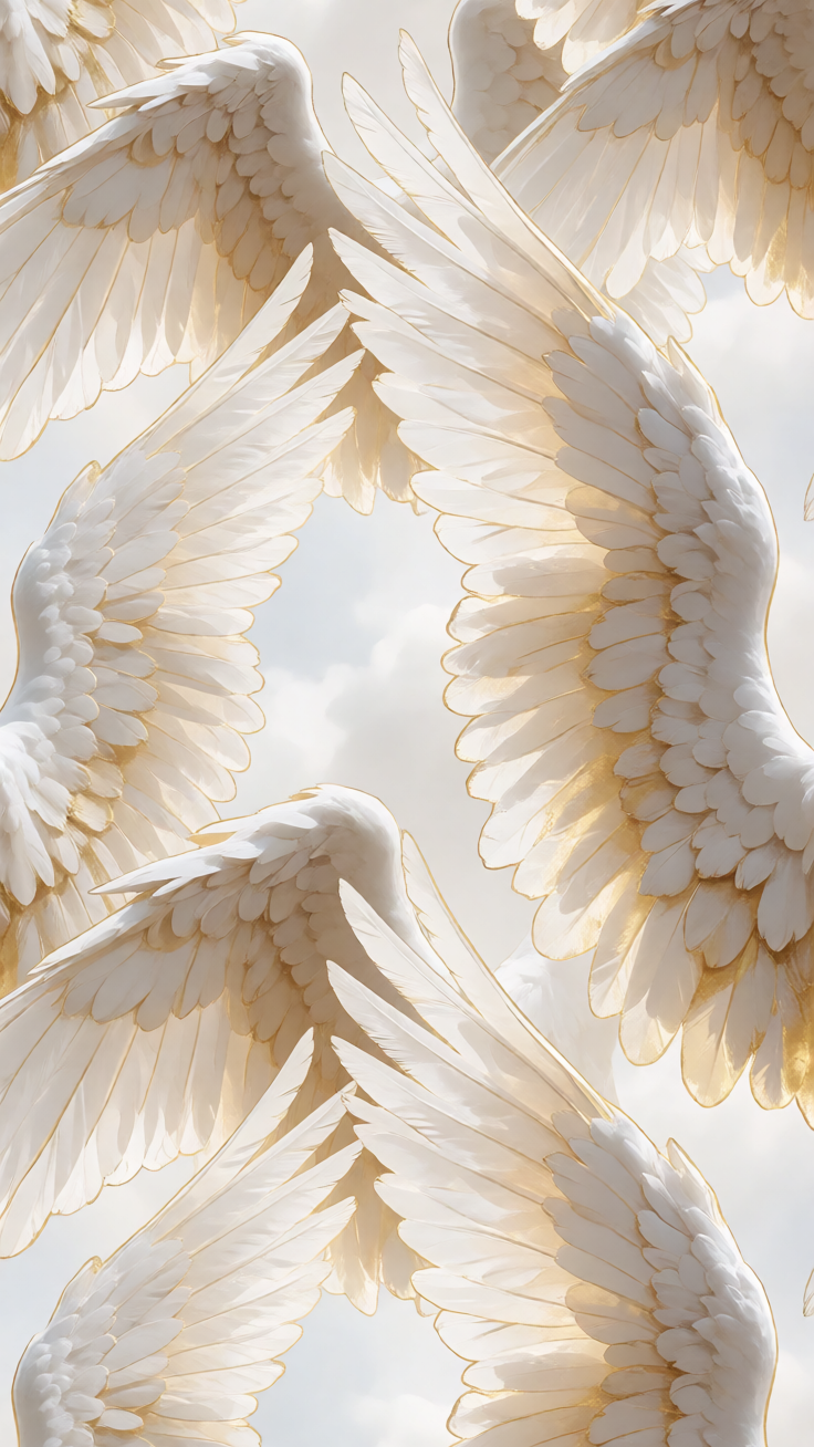 A luminous angel wings pattern rendered in soft white and gold tones, evoking a serene and celestial mood. Delicate feather details create an ethereal design perfect for spiritual and decorative use.