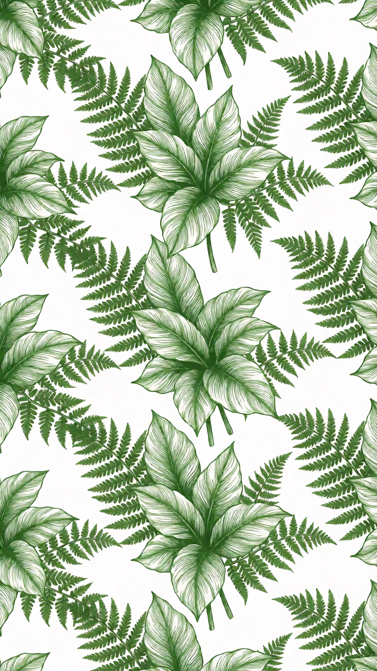 A delicate botanical pattern featuring stylized leaves and ferns in fresh greens, rendered in elegant line art for a serene, nature-inspired aesthetic.