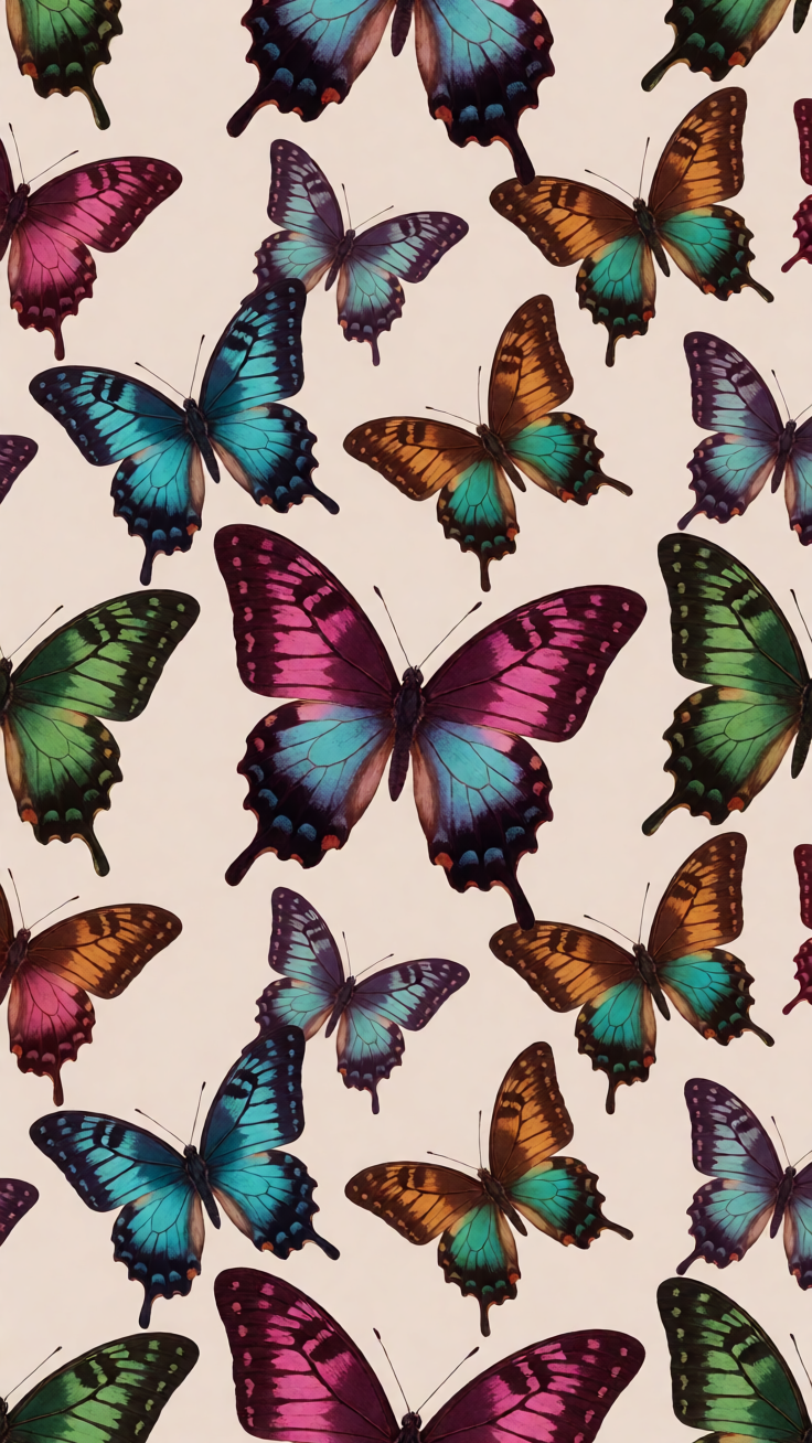 Intricate butterfly wings rendered in rich jewel tones create a mesmerizing repeating pattern. Dreamy and ethereal, this design evokes elegance and natural beauty.