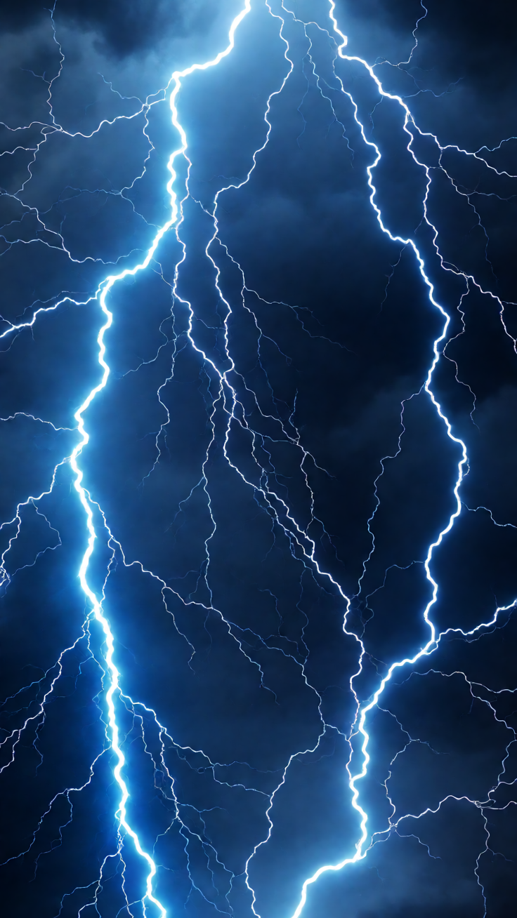 A bold, electrifying pattern of jagged lightning bolts crackling with neon highlights against deep electric blues. This dynamic storm-inspired design radiates raw energy and vivid intensity.