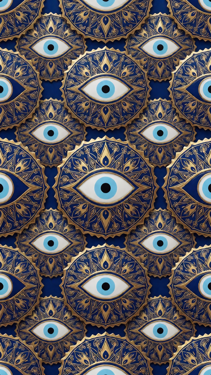 A mesmerizing pattern of evil eye amulets rendered in deep blues and shimmering gold, radiating a sense of mystic protection and ancient warding power.