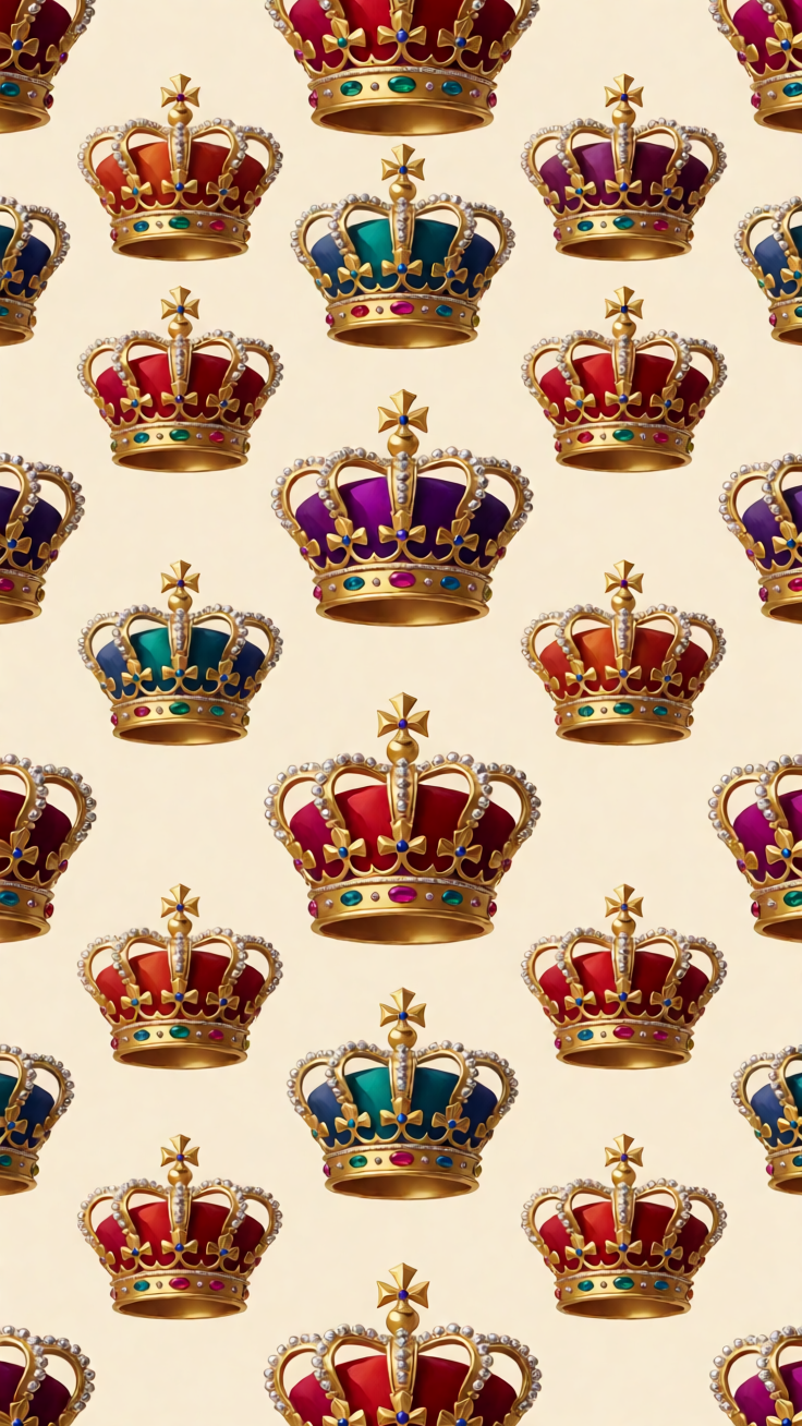 A luxurious repeating pattern of ornate crown motifs rendered in shimmering gold and deep jewel tones. Evokes royal elegance and timeless sophistication.