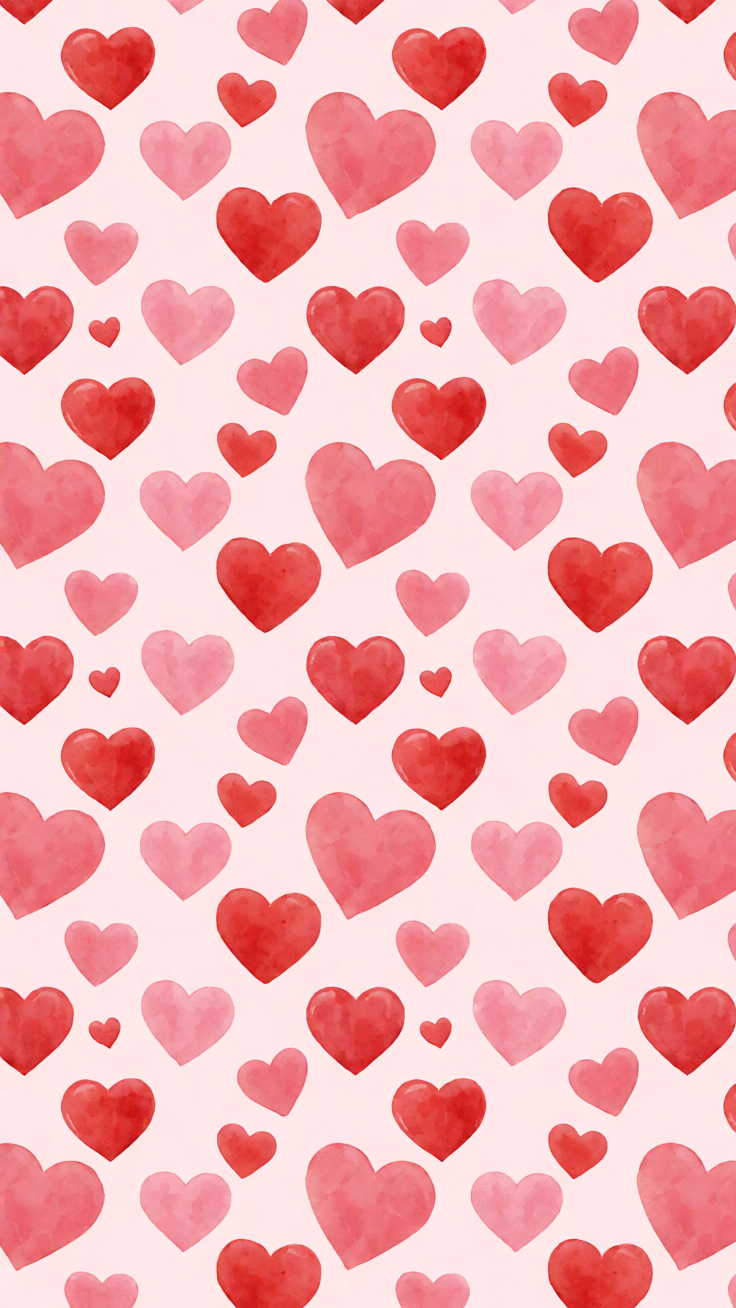 A charming pattern featuring scattered hearts in all sizes, rendered in soft reds and pinks. Creates a dreamy, romantic mood perfect for love-themed designs.