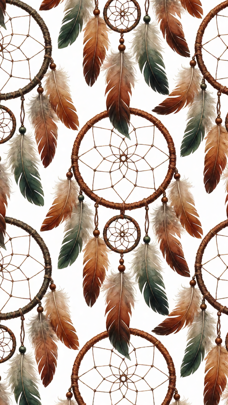 A whimsical dreamcatcher pattern featuring feathers and woven web details in warm bohemian earthy tones. This design evokes a serene, free-spirited mood perfect for home textiles and boho decor.