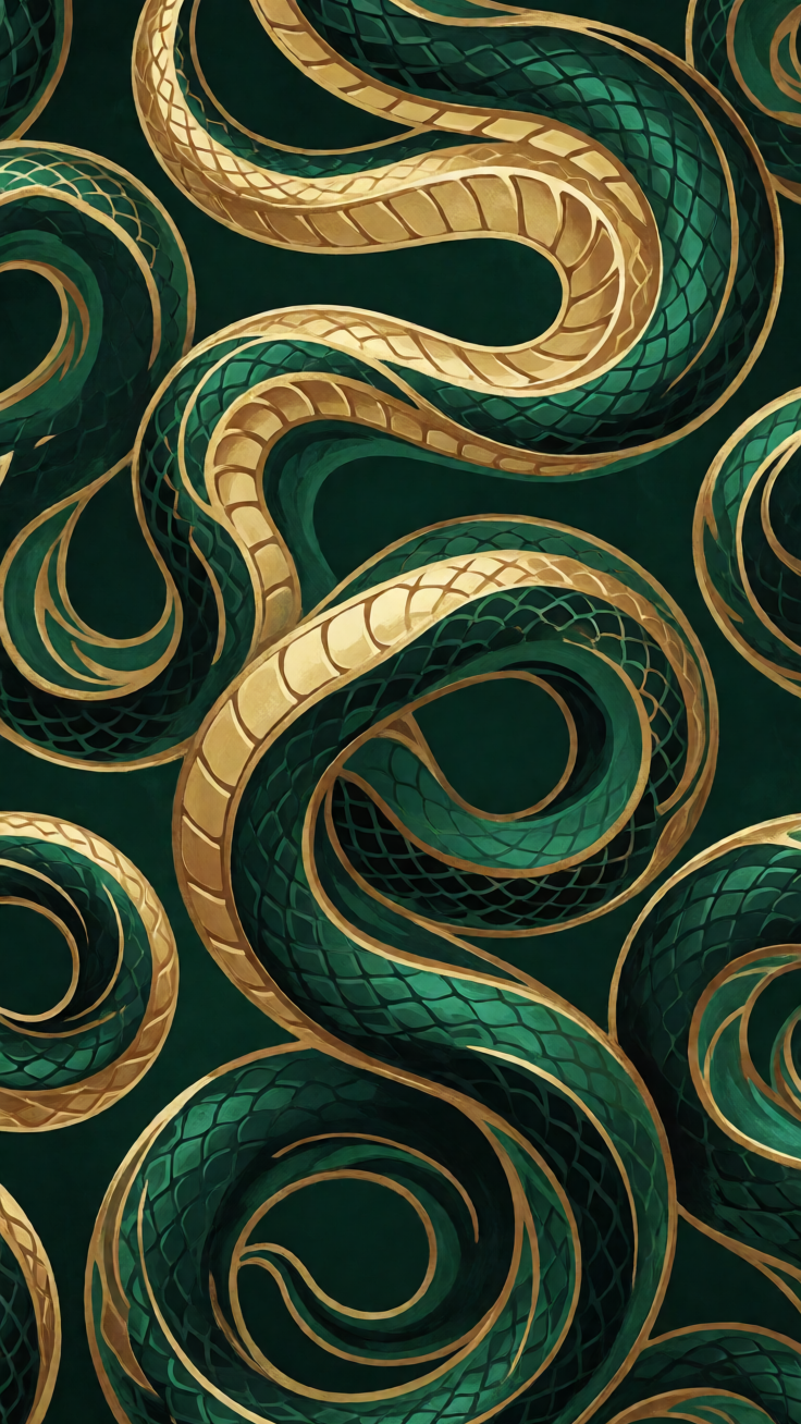 An elegant and mystical pattern of bold serpent curves intertwined in shimmering emerald and gold tones. The design exudes a luxurious, arcane aura perfect for bold decorative applications.