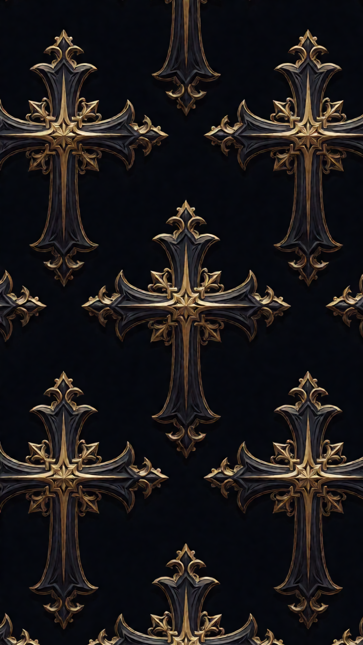 An ornate repeating pattern of gothic crosses rendered in dark and gold tones, evoking a sense of medieval elegance and sacred mystery.