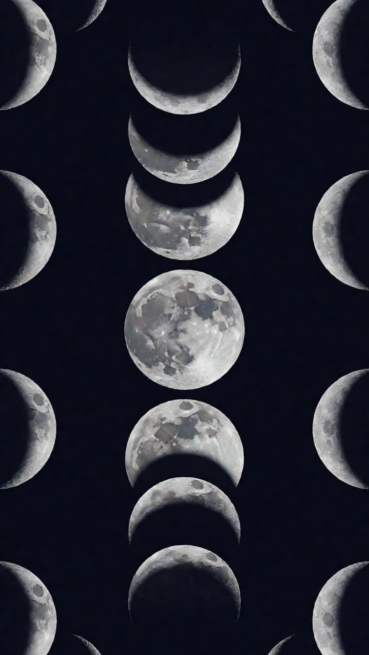 A repeating pattern of lunar phases and crescent moons rendered in shimmering silver against deep midnight blue tones. The design evokes a serene, celestial mood perfect for night-inspired aesthetics.