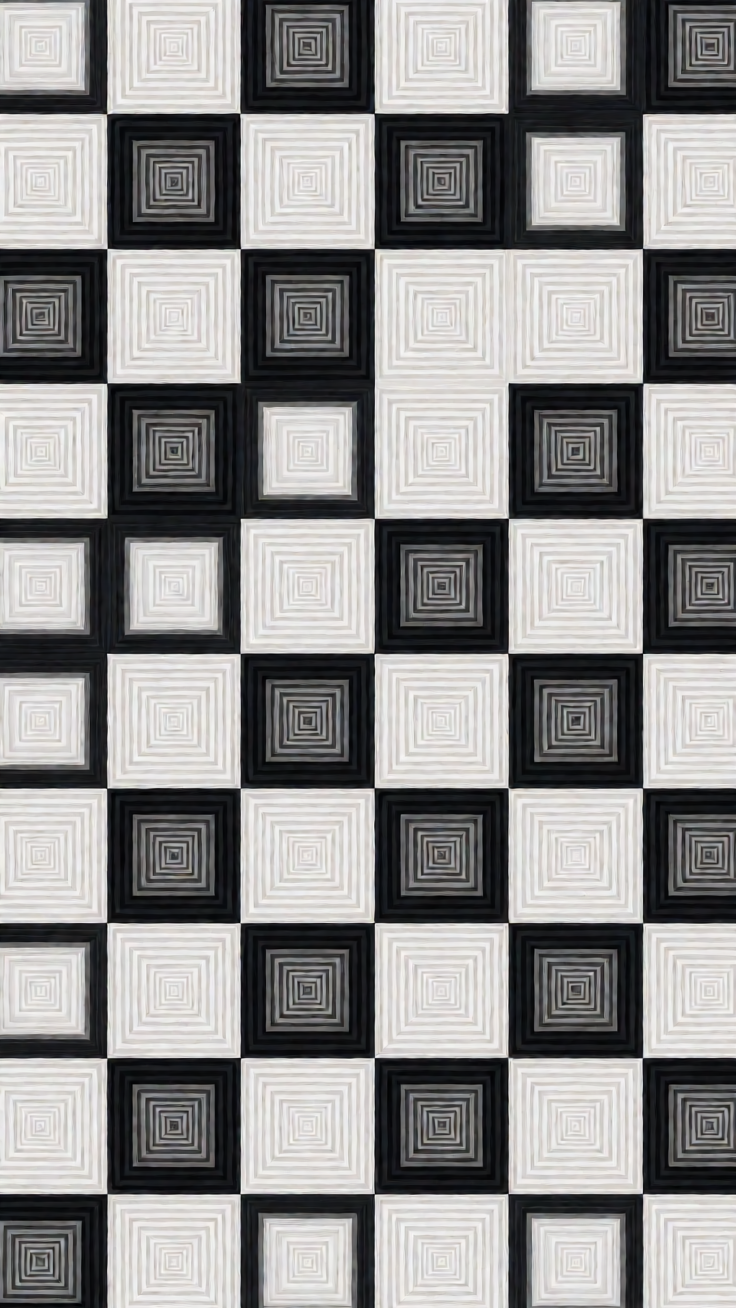 A minimalist pattern of concentric squares and checker grids creating a mesmerizing optical depth. Calm, precise, and architecturally elegant in its simplicity.