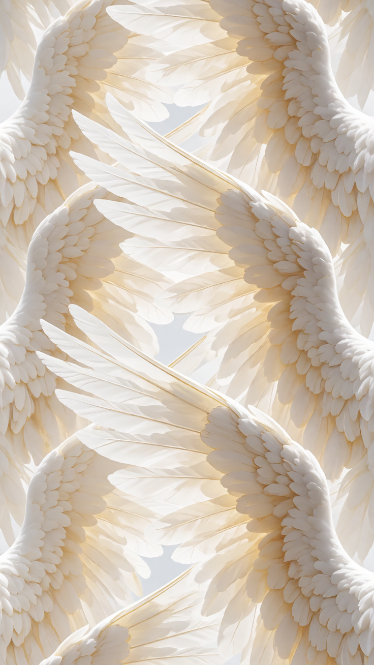 Soft white and gold angel wings rendered in a dreamy ethereal style, creating a serene and luminous pattern.