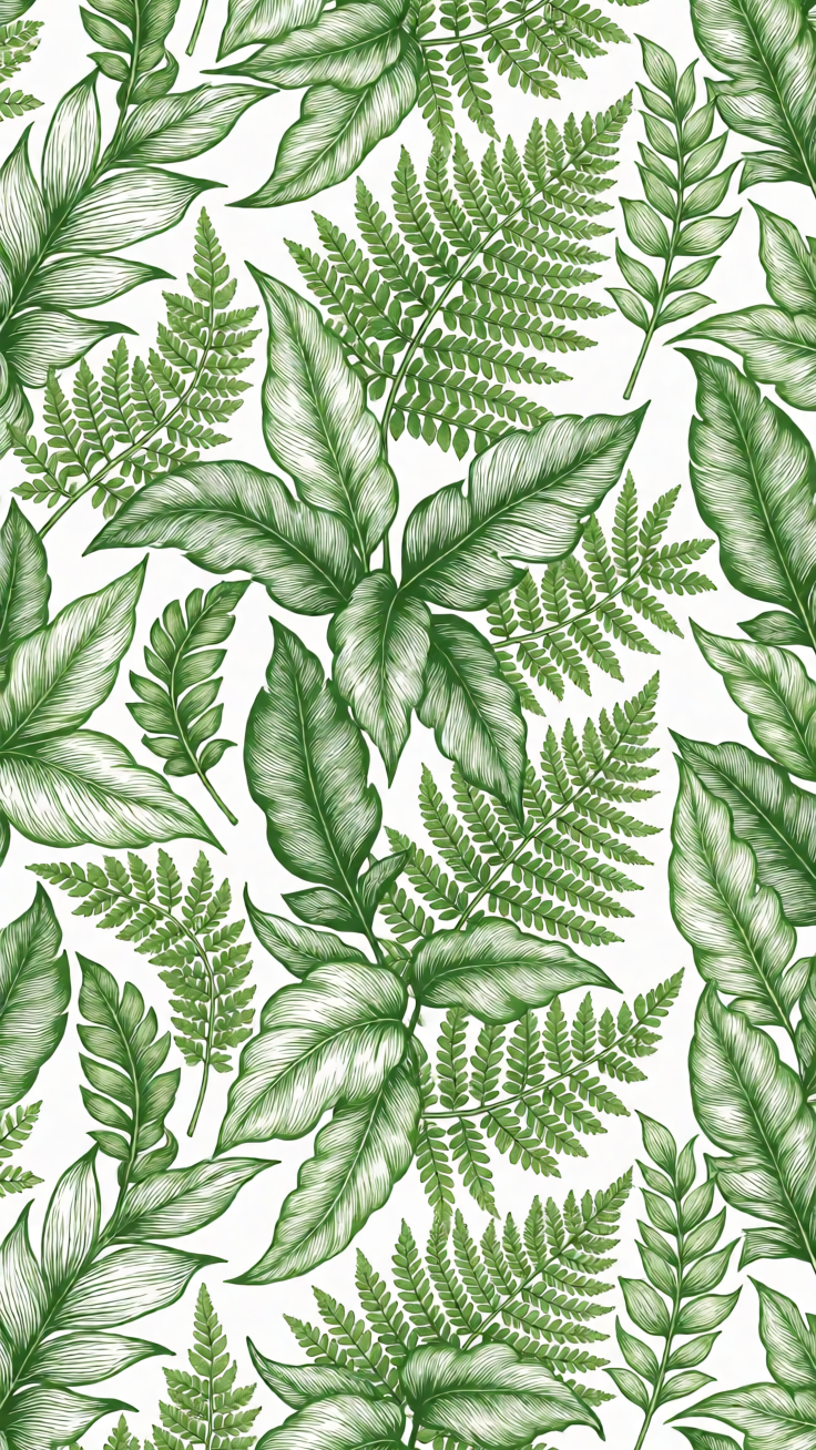 A botanical line art pattern featuring stylized leaves and ferns in fresh greens, arranged in a repeating grid. The delicate linework evokes a calm, nature-inspired mood perfect for textiles and surface design.