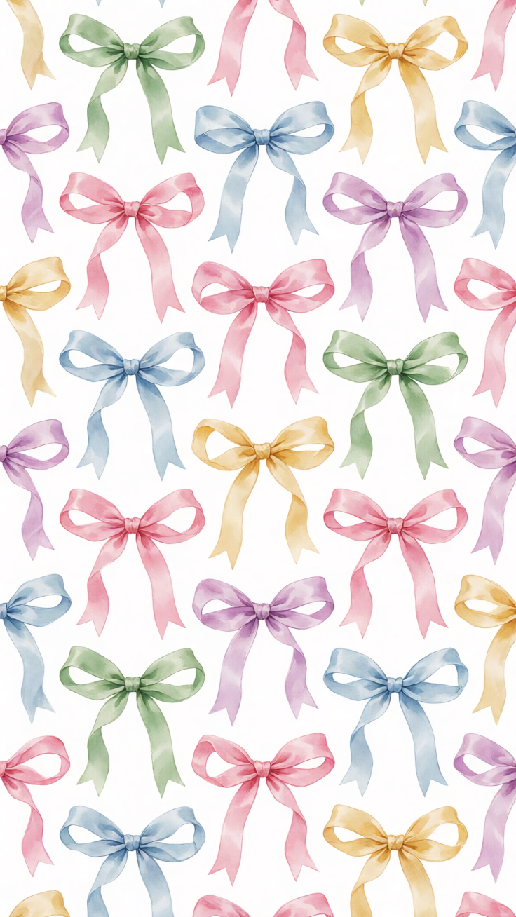 A charming repeat pattern featuring delicate ribbon bows and bowknots in soft pastel hues, evoking a sweet and playful girly aesthetic. Perfect for fashion, stationery, and gift wrapping designs.