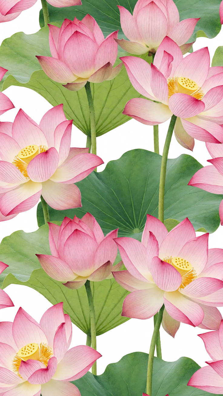 A delicate repeating pattern of soft pink lotus flowers nestled among gentle green leaves, evoking a sense of tranquil oriental elegance.