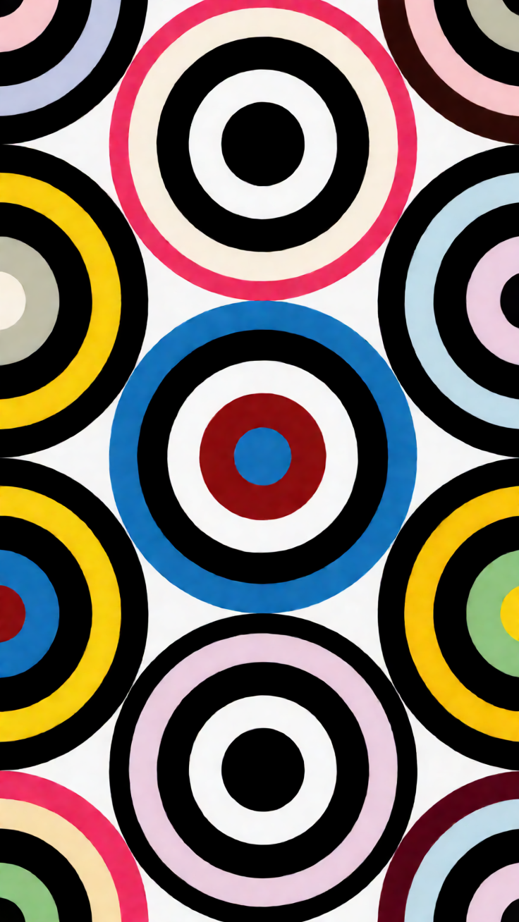 A striking modern pattern of perfectly aligned concentric circles and rings in bold black and white contrast. Clean geometric precision meets minimalist design.