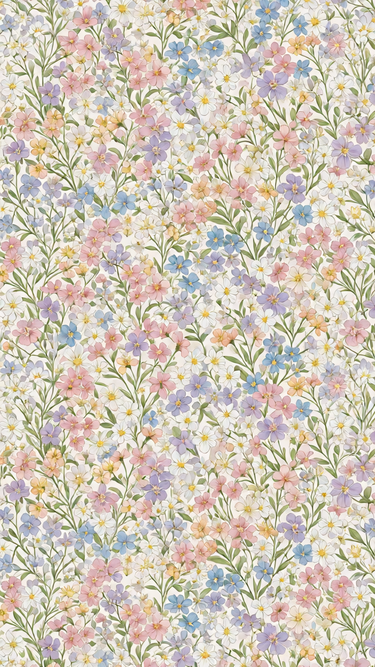 A delicate pattern of tiny wildflowers in soft pastel hues, creating an airy and romantic aesthetic perfect for fabrics and wallpapers.