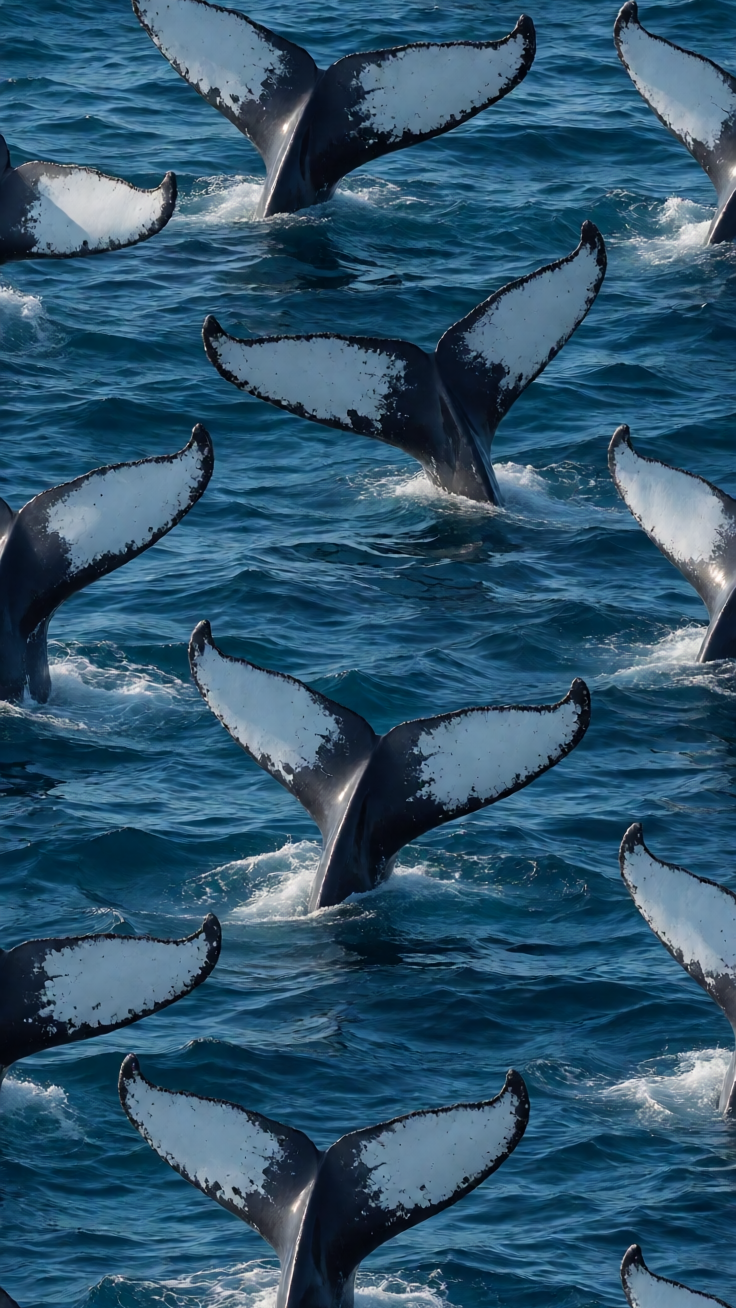A repeating pattern of whale tails rising gracefully from deep ocean waves, rendered in rich navy and teal blues with a serene, meditative mood.