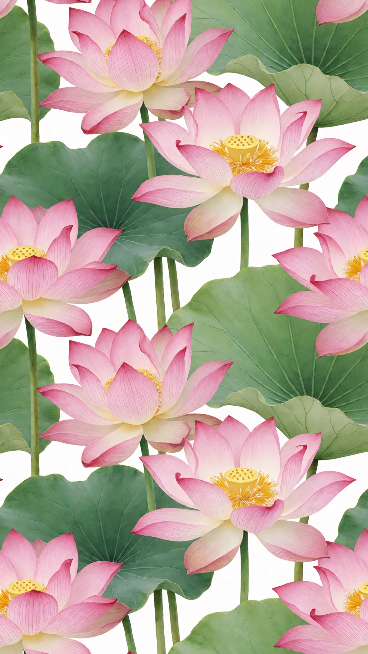 A delicate repeating pattern of lotus flowers rendered in soft pinks and greens, evoking the serene elegance of oriental aesthetics. Ideal for textiles, wallpapers, and decorative designs.