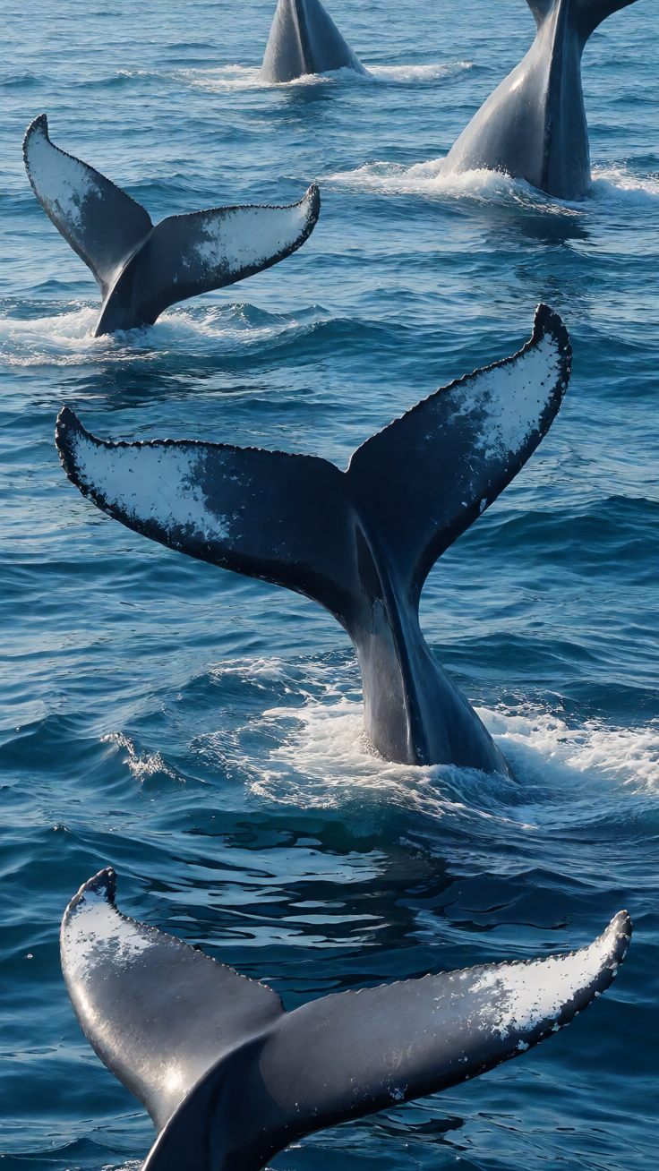 A serene pattern of whale tails rising from deep ocean blue waves, evoking tranquility and the quiet majesty of the sea.