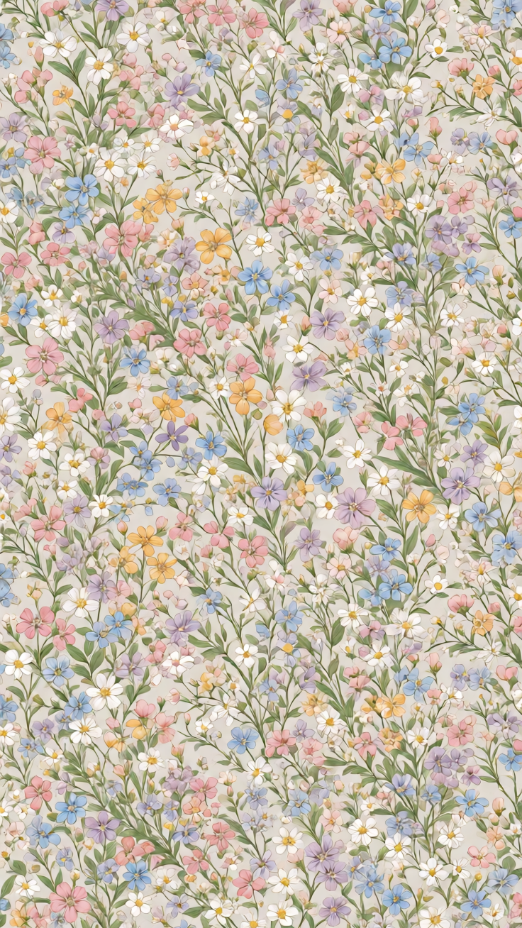 A delicate pattern of tiny pastel wildflowers scattered across a soft airy background, evoking a dreamy and romantic mood perfect for spring-inspired designs.