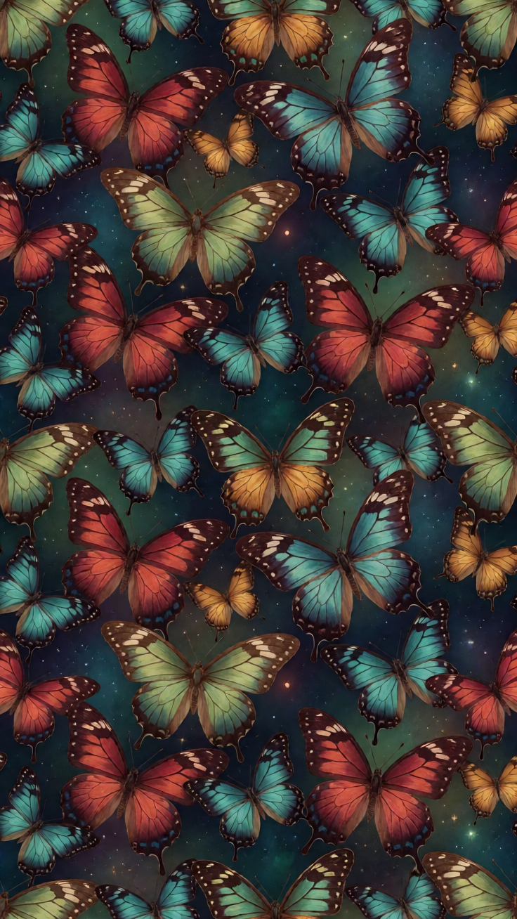 An enchanting seamless pattern featuring butterflies with intricate wings rendered in rich jewel tones. The dreamy composition creates a luxurious and whimsical atmosphere perfect for textile and decorative designs.
